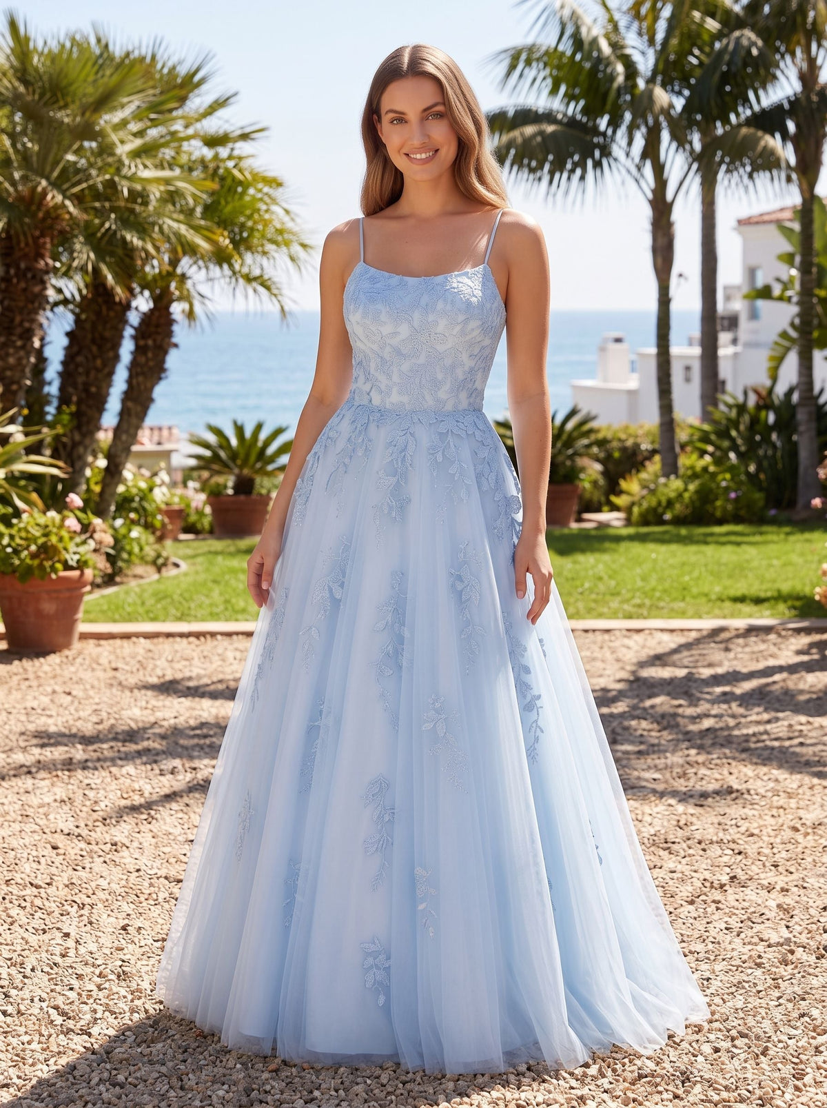 Mist Lace & Tulle A-Line Straight Neck Lace-up Floor-Length Dress with Embroidered Lace Bodice - Curvevia