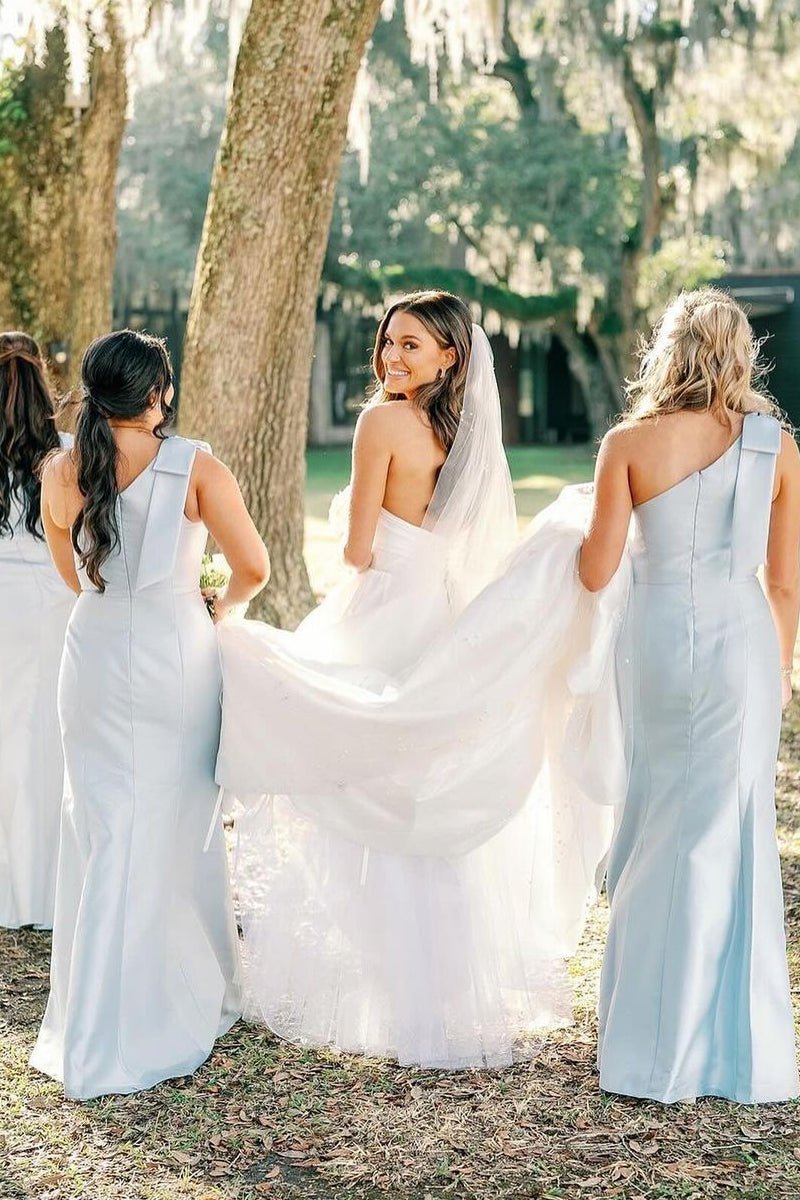 One Shoulder Stretch Matte Satin Sheath Long Bridesmaid Dresses - Curvevia