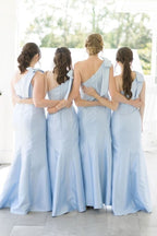 Light Blue One Shoulder Satin Sheath Long Bridesmaid Dresses - Curvevia