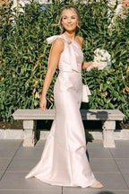 Light Blue One Shoulder Satin Sheath Long Bridesmaid Dresses - Curvevia