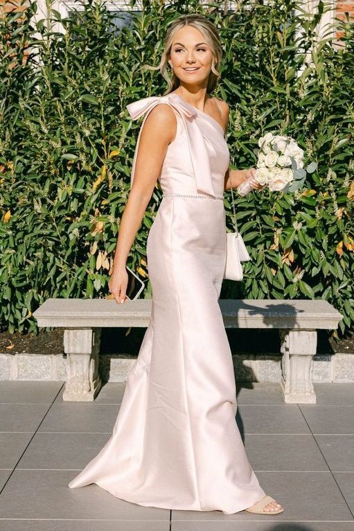 Light Blue One Shoulder Satin Sheath Long Bridesmaid Dresses - Curvevia