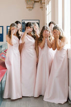 Light Blue One Shoulder Satin Sheath Long Bridesmaid Dresses - Curvevia