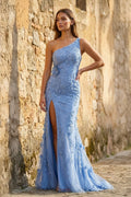 Mermaid One Shoulder Lace Long Prom Dress with Slit - Curvevia