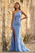 Mermaid One Shoulder Lace Long Prom Dress with Slit - Curvevia