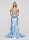 Sky Blue Satin column V-Neck Corset Back Floor-Length Dress with Beaded Bodice - Curvevia
