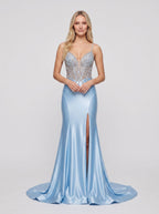 Sky Blue Satin column V-Neck Corset Back Floor-Length Dress with Beaded Bodice - Curvevia