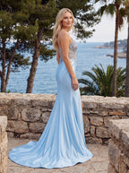 Sky Blue Satin column V-Neck Corset Back Floor-Length Dress with Beaded Bodice - Curvevia