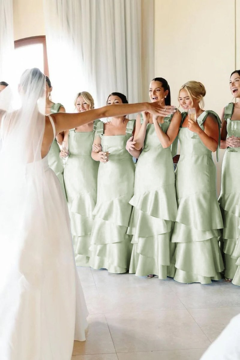 Light Blue Straps with Bows Mermaid Satin Tiered Long Bridesmaid Dress - Curvevia