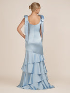 Light Blue Straps with Bows Mermaid Satin Tiered Long Bridesmaid Dress - Curvevia