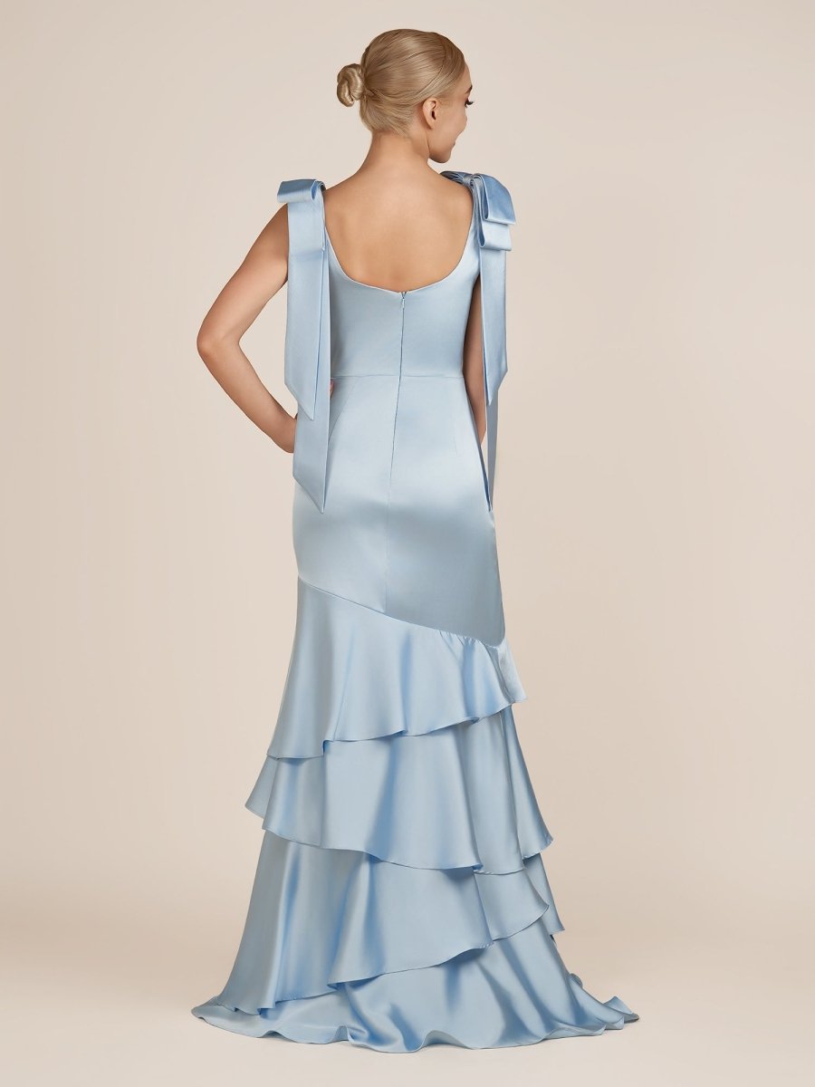 Light Blue Straps with Bows Mermaid Satin Tiered Long Bridesmaid Dress - Curvevia