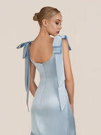 Light Blue Straps with Bows Mermaid Satin Tiered Long Bridesmaid Dress - Curvevia