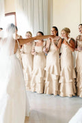 Light Blue Straps with Bows Mermaid Satin Tiered Long Bridesmaid Dress - Curvevia