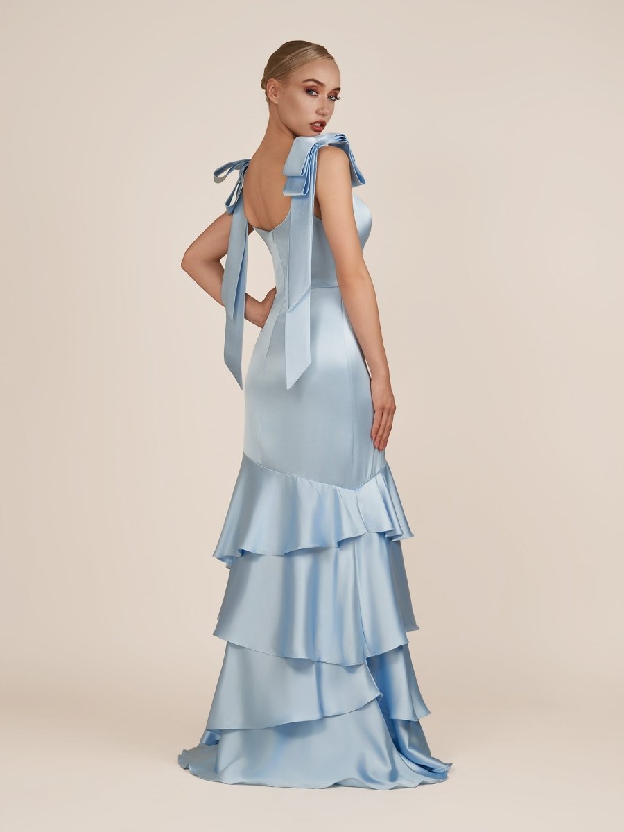 Light Blue Straps with Bows Mermaid Satin Tiered Long Bridesmaid Dress - Curvevia