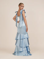 Light Blue Straps with Bows Mermaid Satin Tiered Long Bridesmaid Dress - Curvevia