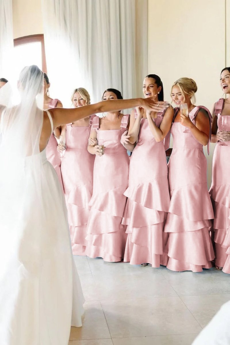 Light Blue Straps with Bows Mermaid Satin Tiered Long Bridesmaid Dress - Curvevia
