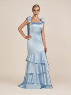 Light Blue Straps with Bows Mermaid Satin Tiered Long Bridesmaid Dress - Curvevia