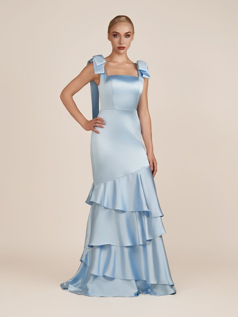 Light Blue Straps with Bows Mermaid Satin Tiered Long Bridesmaid Dress - Curvevia