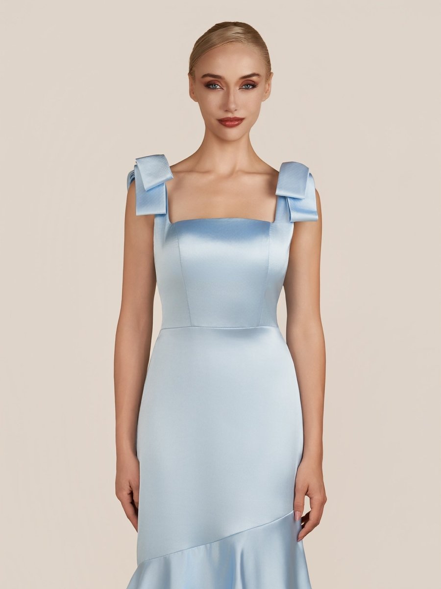 Light Blue Straps with Bows Mermaid Satin Tiered Long Bridesmaid Dress - Curvevia