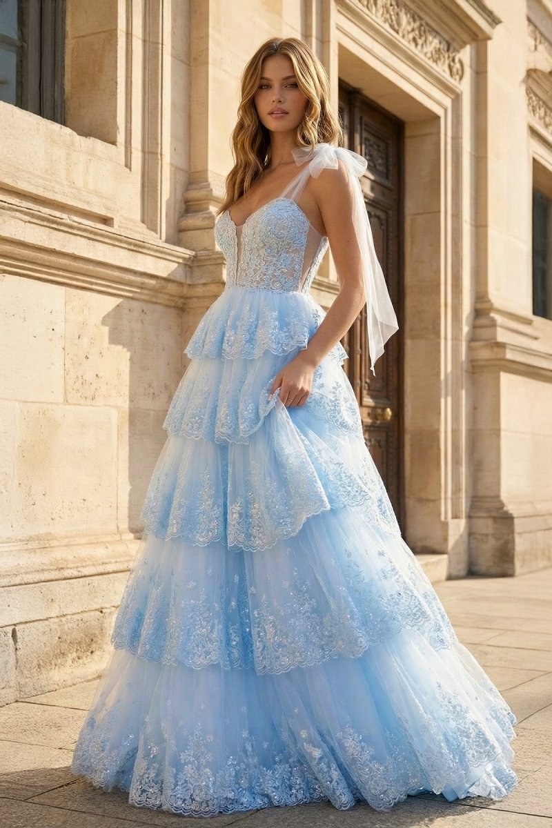 Light Blue Tulle Appliques Tying Strap Ruffle Tiered Long Wedding Guest Dress - Curvevia