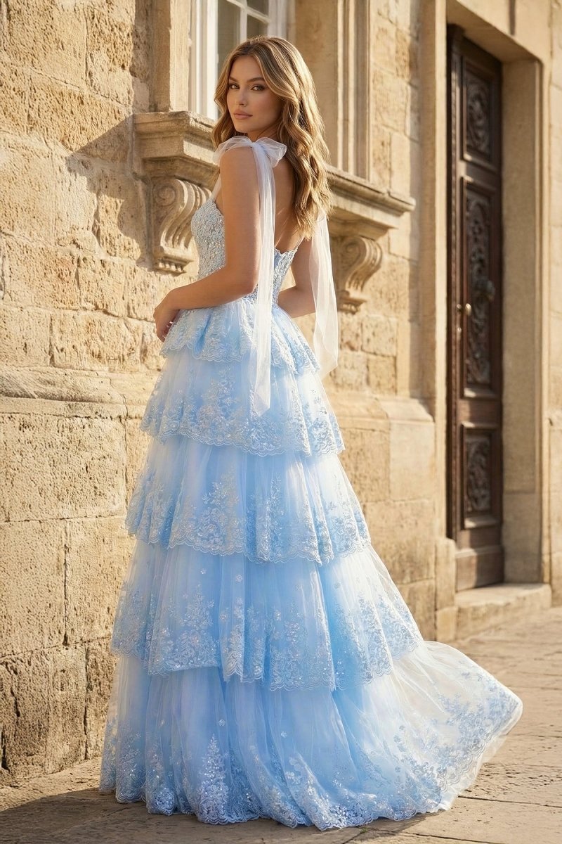 Light Blue Tulle Appliques Tying Strap Ruffle Tiered Long Wedding Guest Dress - Curvevia