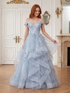 Mist Tulle A-Line Off-the-Shoulder Back Zip Floor-Length Dress with Floral Embroidery - Curvevia