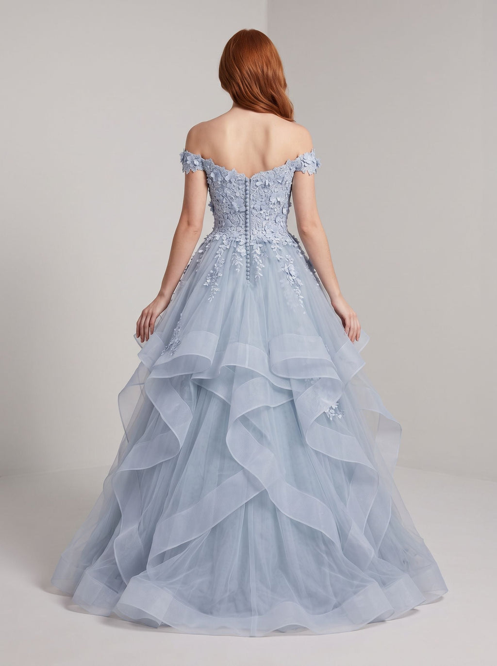 Mist Tulle A-Line Off-the-Shoulder Back Zip Floor-Length Dress with Floral Embroidery - Curvevia