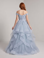 Mist Tulle A-Line Off-the-Shoulder Back Zip Floor-Length Dress with Floral Embroidery - Curvevia