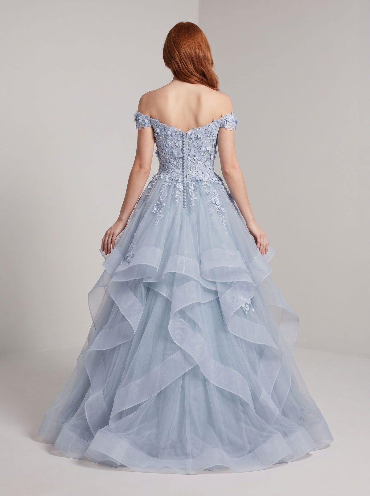Mist Tulle A-Line Off-the-Shoulder Back Zip Floor-Length Dress with Floral Embroidery - Curvevia