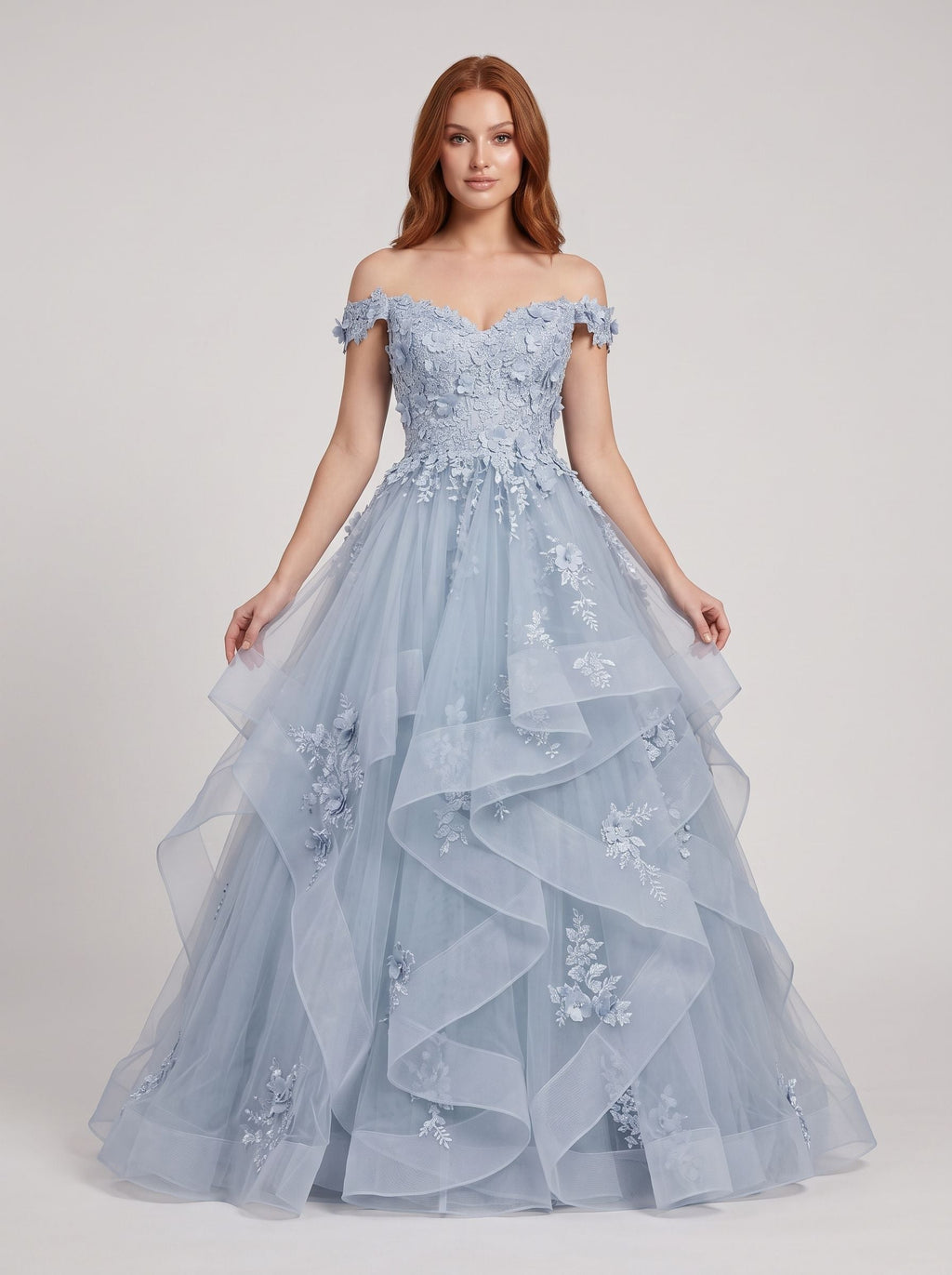 Mist Tulle A-Line Off-the-Shoulder Back Zip Floor-Length Dress with Floral Embroidery - Curvevia