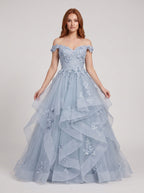 Mist Tulle A-Line Off-the-Shoulder Back Zip Floor-Length Dress with Floral Embroidery - Curvevia