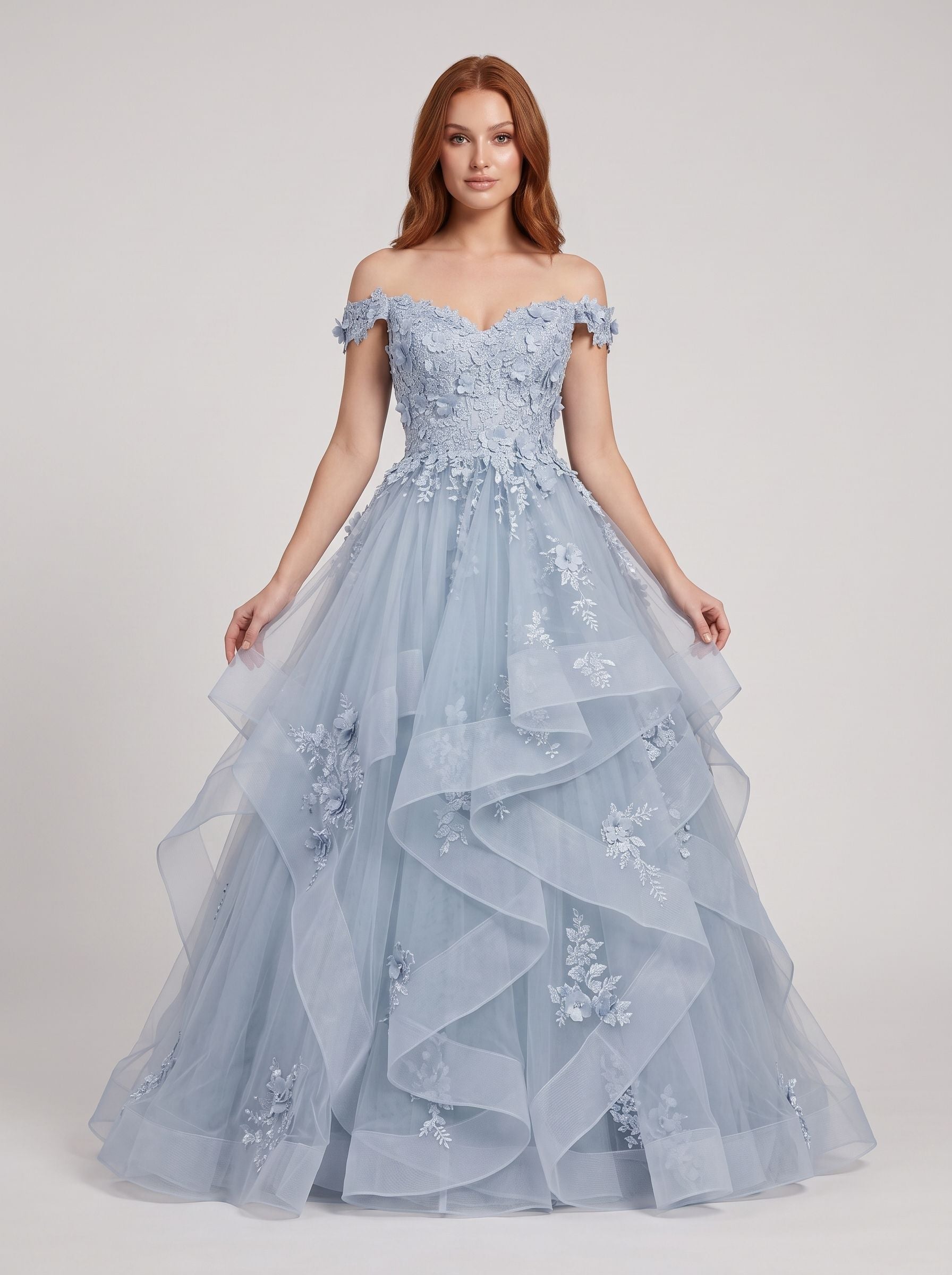 Mist Tulle A-Line Off-the-Shoulder Back Zip Floor-Length Dress with Floral Embroidery - Curvevia