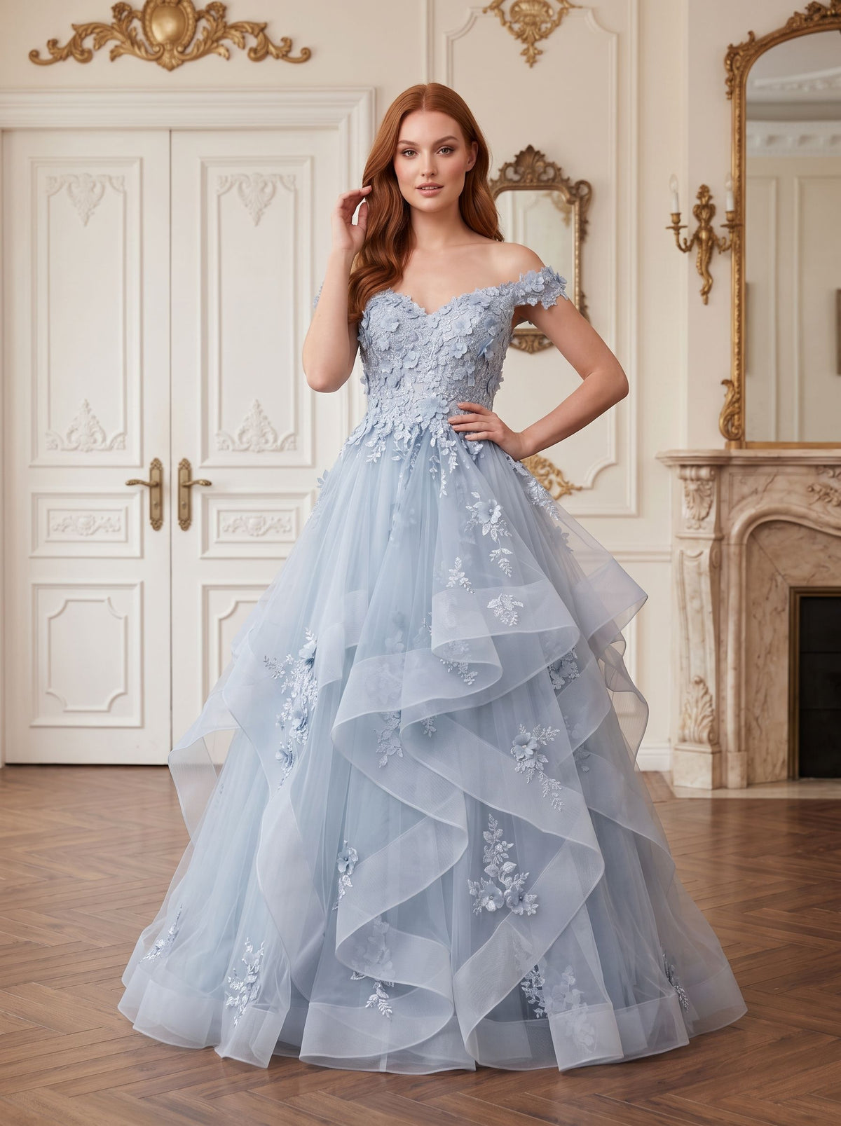 Mist Tulle A-Line Off-the-Shoulder Back Zip Floor-Length Dress with Floral Embroidery - Curvevia