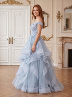 Mist Tulle A-Line Off-the-Shoulder Back Zip Floor-Length Dress with Floral Embroidery - Curvevia