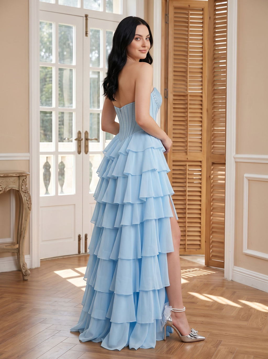 Sky Blue Chiffon A-Line Straight Neck Corset Back Floor-Length Dress with Embroidered Bodice - Curvevia