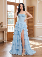 Sky Blue Chiffon A-Line Straight Neck Corset Back Floor-Length Dress with Embroidered Bodice - Curvevia