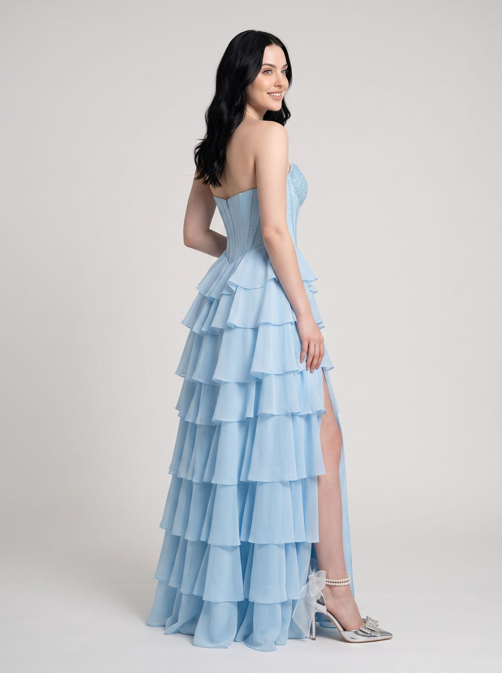 Sky Blue Chiffon A-Line Straight Neck Corset Back Floor-Length Dress with Embroidered Bodice - Curvevia