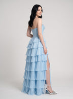 Sky Blue Chiffon A-Line Straight Neck Corset Back Floor-Length Dress with Embroidered Bodice - Curvevia