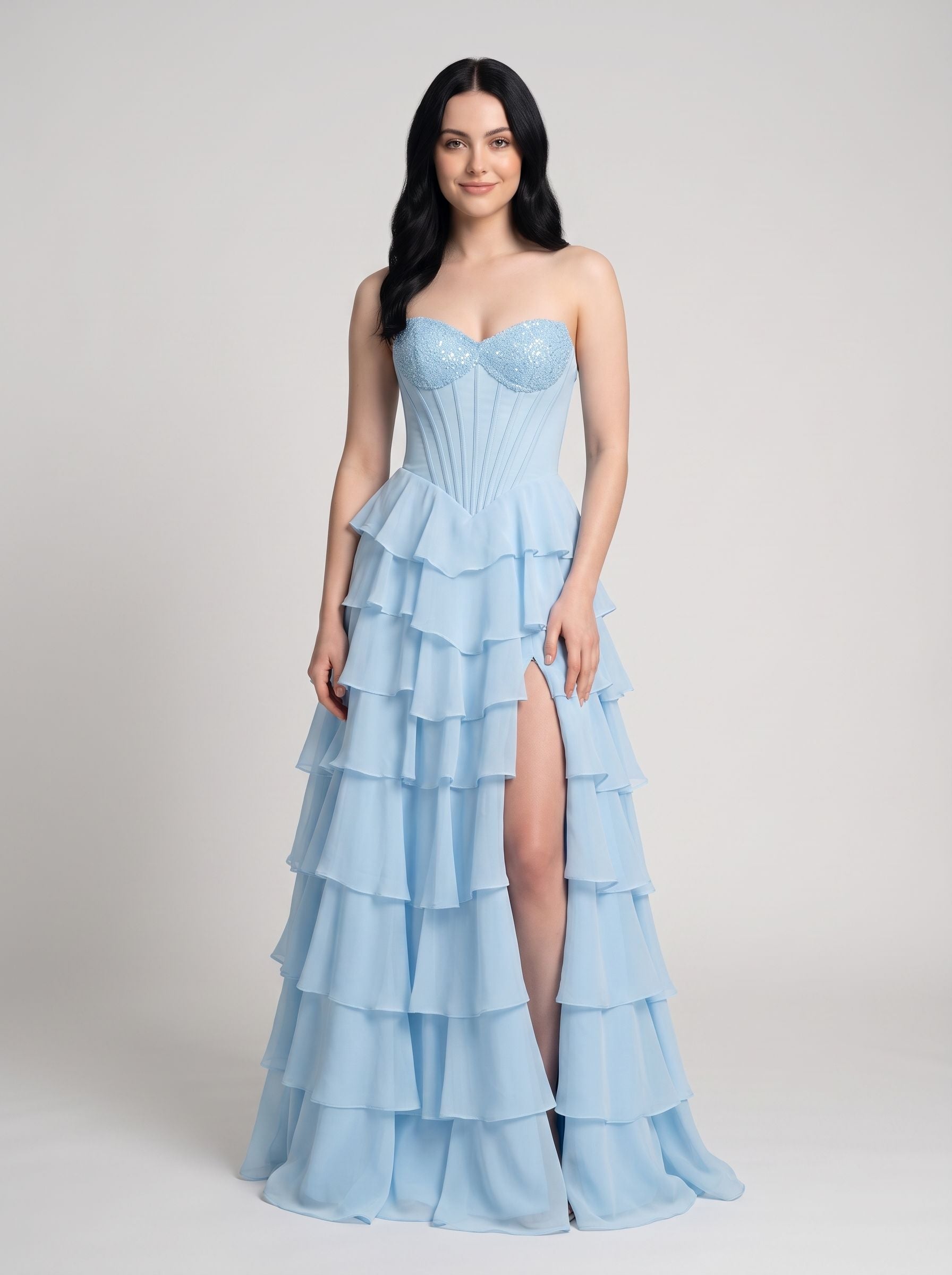 Sky Blue Chiffon A-Line Straight Neck Corset Back Floor-Length Dress with Embroidered Bodice - Curvevia