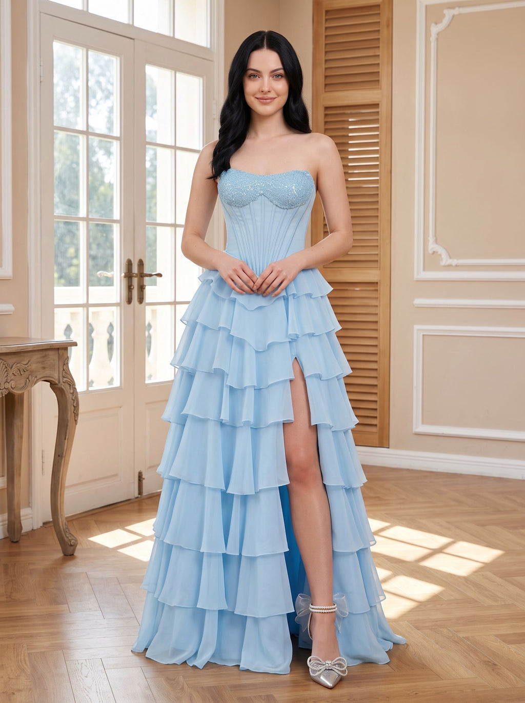 Sky Blue Chiffon A-Line Straight Neck Corset Back Floor-Length Dress with Embroidered Bodice - Curvevia