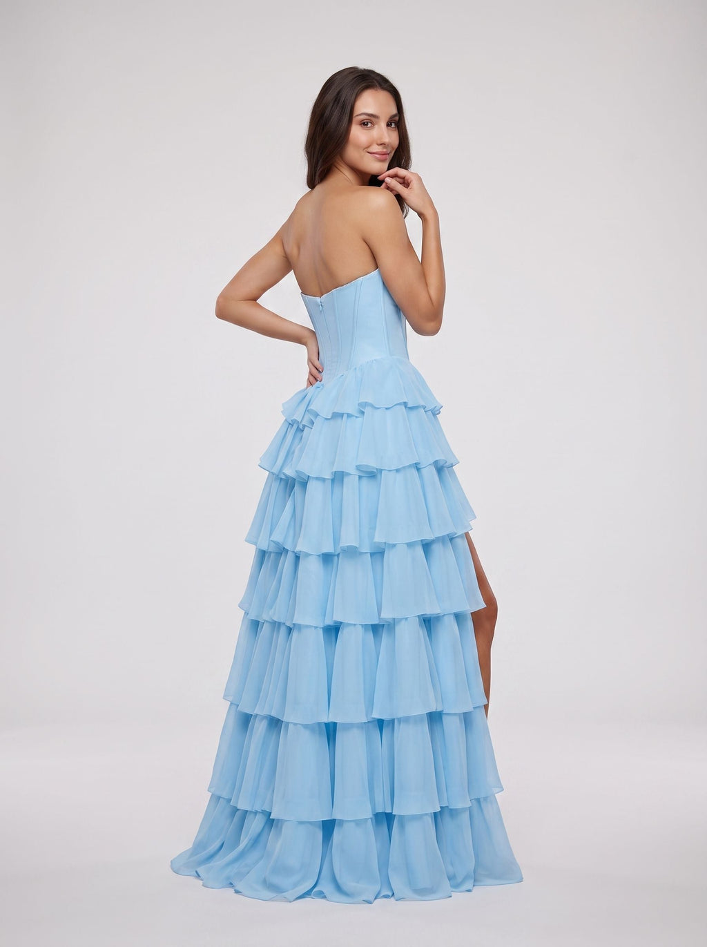 Sky Blue Chiffon A-Line Sweetheart Corset Back Floor-Length Dress with Ruffled Tiers and Beading - Curvevia