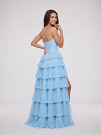 Sky Blue Chiffon A-Line Sweetheart Corset Back Floor-Length Dress with Ruffled Tiers and Beading - Curvevia