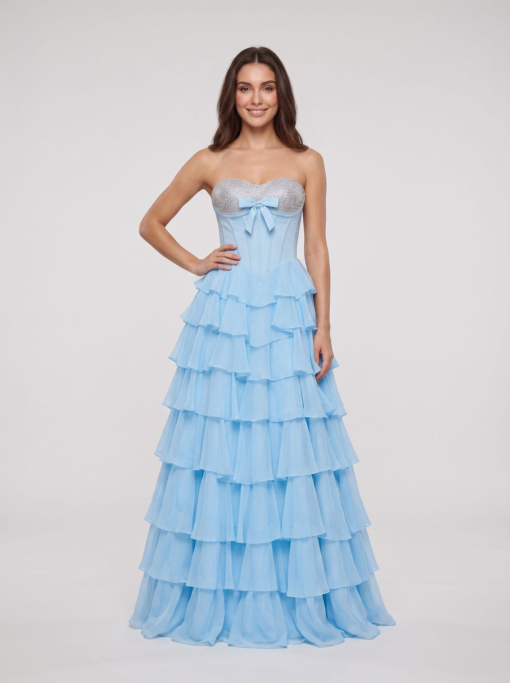 Sky Blue Chiffon A-Line Sweetheart Corset Back Floor-Length Dress with Ruffled Tiers and Beading - Curvevia
