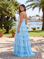 Sky Blue Chiffon A-Line Sweetheart Corset Back Floor-Length Dress with Ruffled Tiers and Beading - Curvevia
