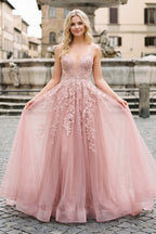 A-line Spaghetti Straps Tulle Prom Dress with Appliques - Curvevia