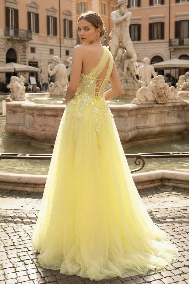 Light Yellow One Shoulder 3D Appliques Beading Long Prom Dress with Slit - Curvevia