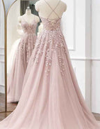 A-line Spaghetti Straps Tulle Prom Dress with Appliques - Curvevia