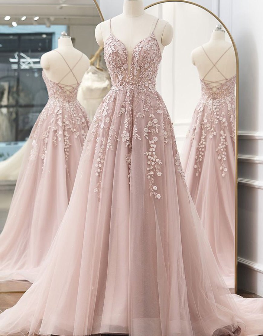 A-line Spaghetti Straps Tulle Prom Dress with Appliques - Curvevia