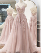 A-line Spaghetti Straps Tulle Prom Dress with Appliques - Curvevia
