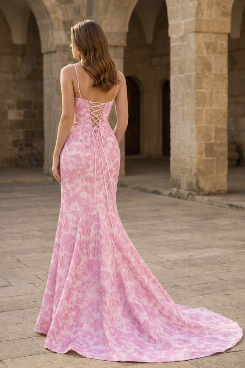 Spaghetti Straps Mermaid Floral Printed Prom Dress With Split - Curvevia