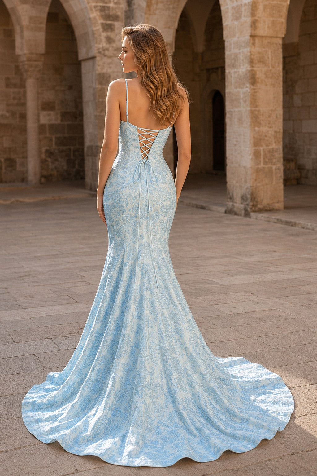 Spaghetti Straps Mermaid Floral Printed Prom Dress With Split - Curvevia